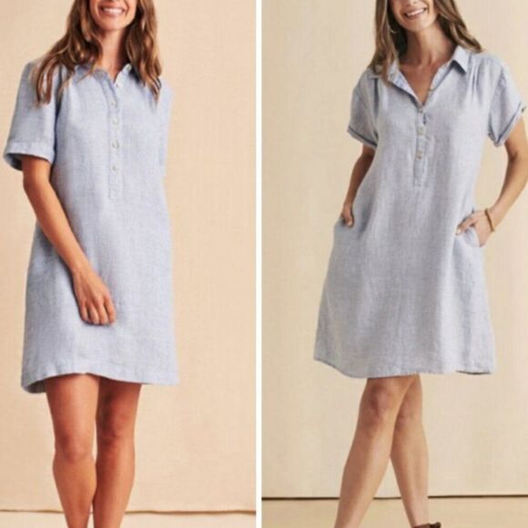 Faherty Hana Shirt Dress Size XS Blue Basket Weave 100% Linen Short Sleeve - Picture 1 of 13